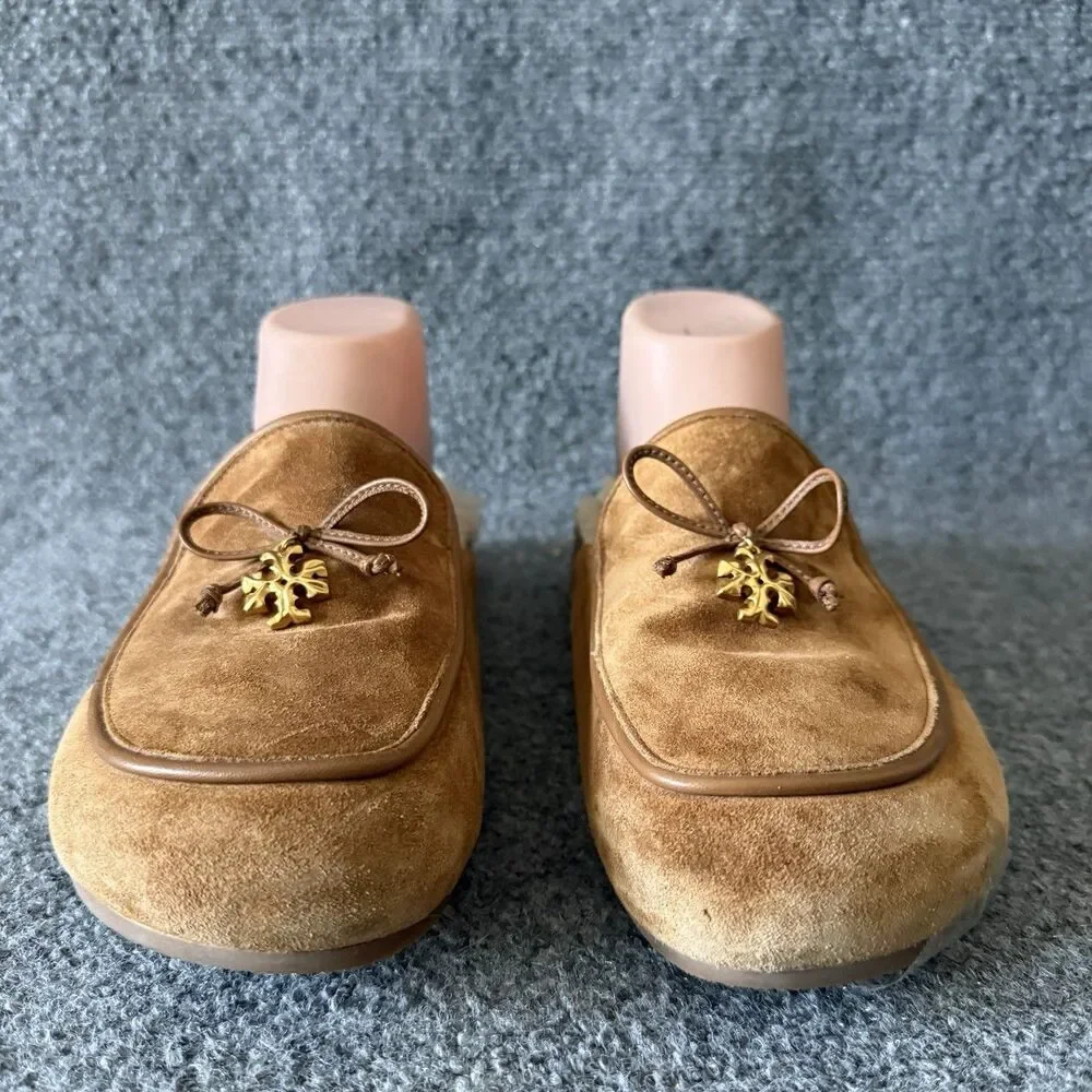 Tory Burch Tory Charm Suede Shearling Mules Toasted Caramel Cozy Clog Slipper 9